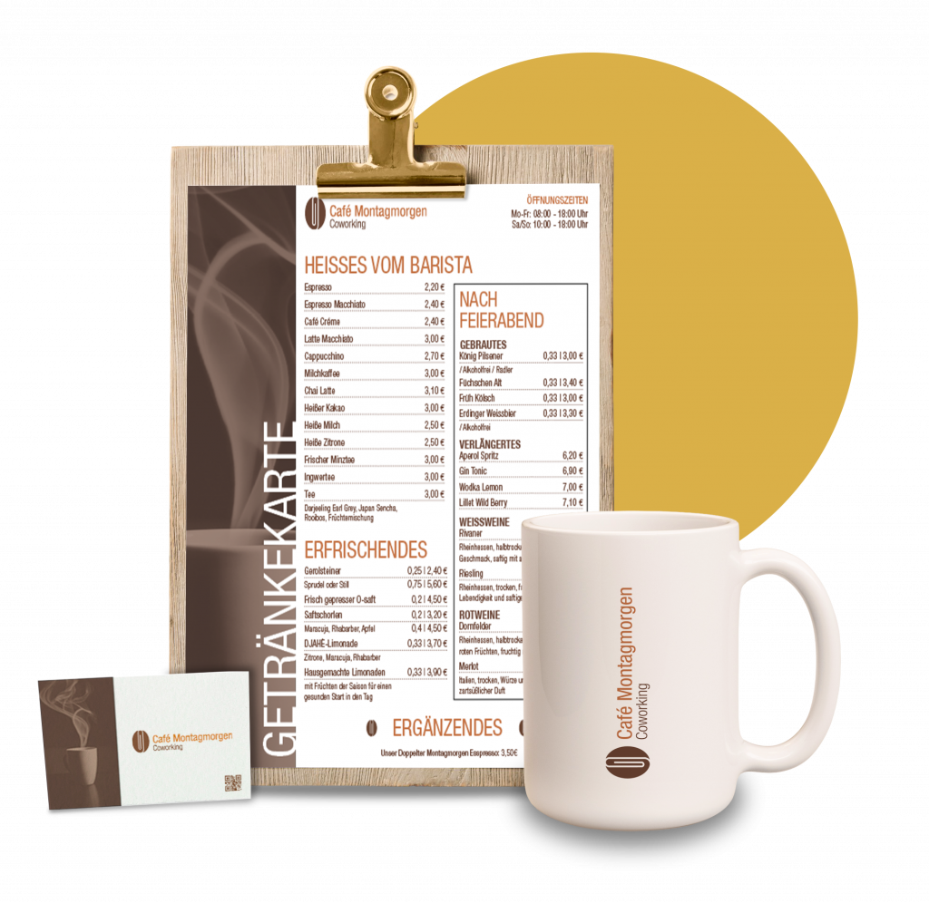 Branddesign Mockup für Café Montagmorgen: Tasse, Visitenkarte und Getränkekarte im Hintergrund ein gelber Kreis als Gestaltungselement | Kremer Signature Design