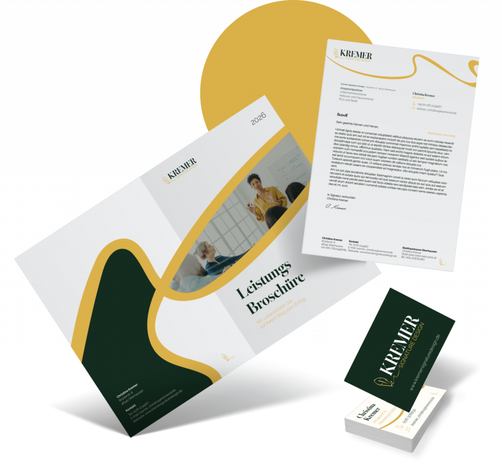 Eigenes Corporate Design Mockup: Briefbogen, Broschüre und Visitenkarte | Kremer Signature Design