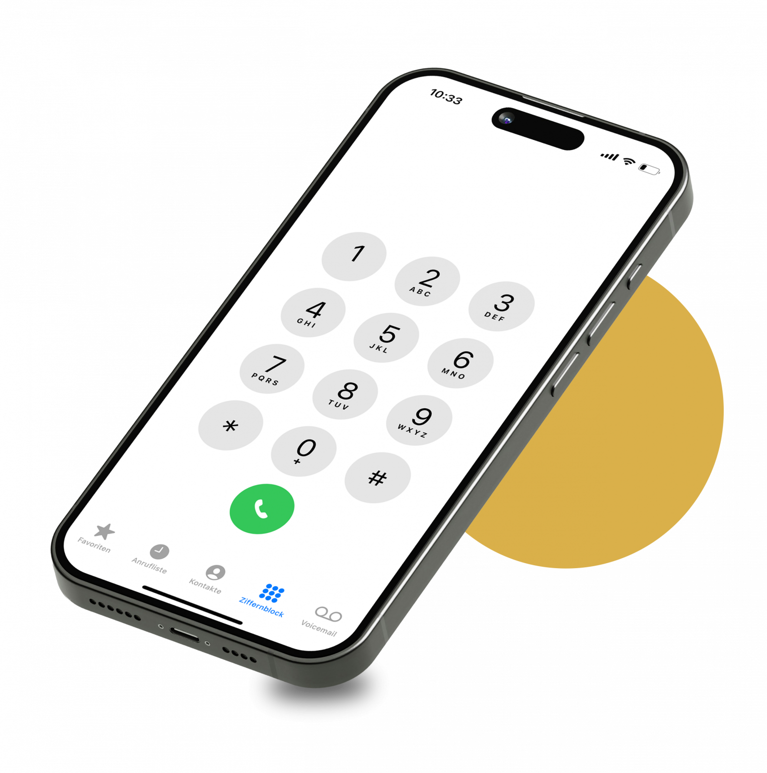iPhone Mockup-Darstellung mit Ziffernblock für Kontaktaufnahme und im Hintergrund ein gelber Kreis als Gestaltungselement | Kremer Signature Design
