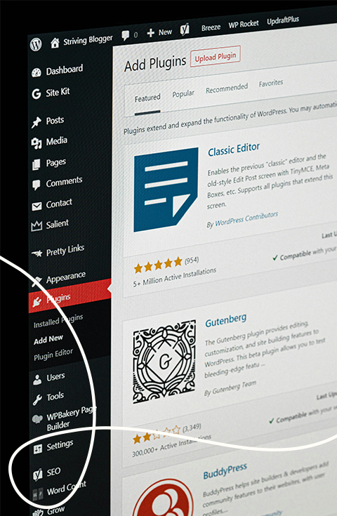 Bildauschnitt eines Bildschirmes worauf man WordPress erkennen kann dazu eine helle geschwungene Linie in der linken unteren Ecke als Gestaltungselement | Kremer Siganture Design | Webdesign