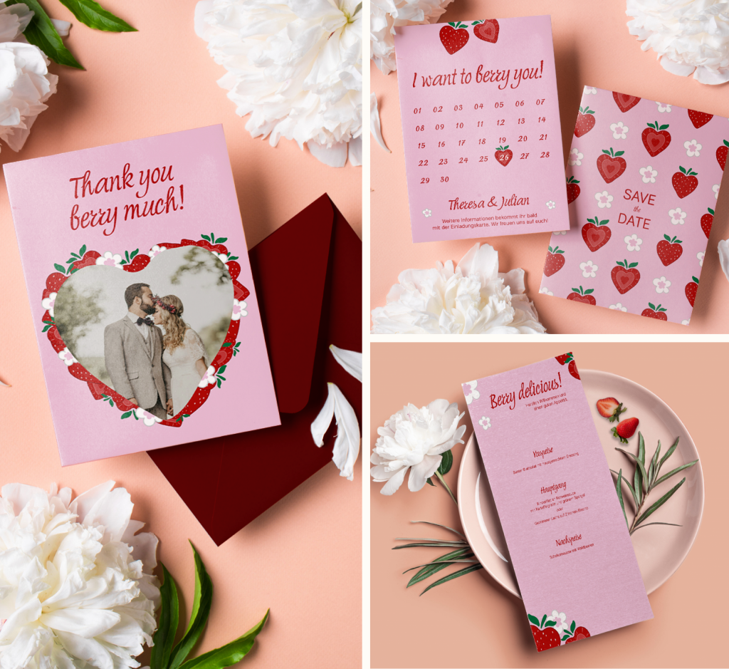 Eine Collage aus einer Hochzeitsdesign Serie bestehend aus Save-the-Date-Karte, Dankeskarte und Menürkarte. Alles in einem rosaton gehalten mit Erdbeerelementen. Insgesamt ein sehr einzigartiges Design. | Kremer Signature Design