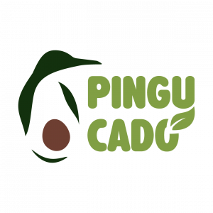 Logodesign für eine Salatbar: Bildmarke ist eine Mischung aus Pinguin und Avocado. Der Bauch bildet die Form einer Avocado und oben die Kopfform des Pinguins. Rechts daneben steht "Pingucado" in grün und zeigt den Unternehmensname. Das "O" am Ende hat ein Blattelement. | Kremer Signature Design