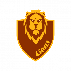 Logodesign für eine Basketballmannschaft. Löwenkopf oben herausragend aus der Wappenform und unten rechts, leicht angeschrägt steht "Lions". Die Wappenform umschließt das gesamte Logo. Logofraben sind rot und gelb. | Kremer Signature Design