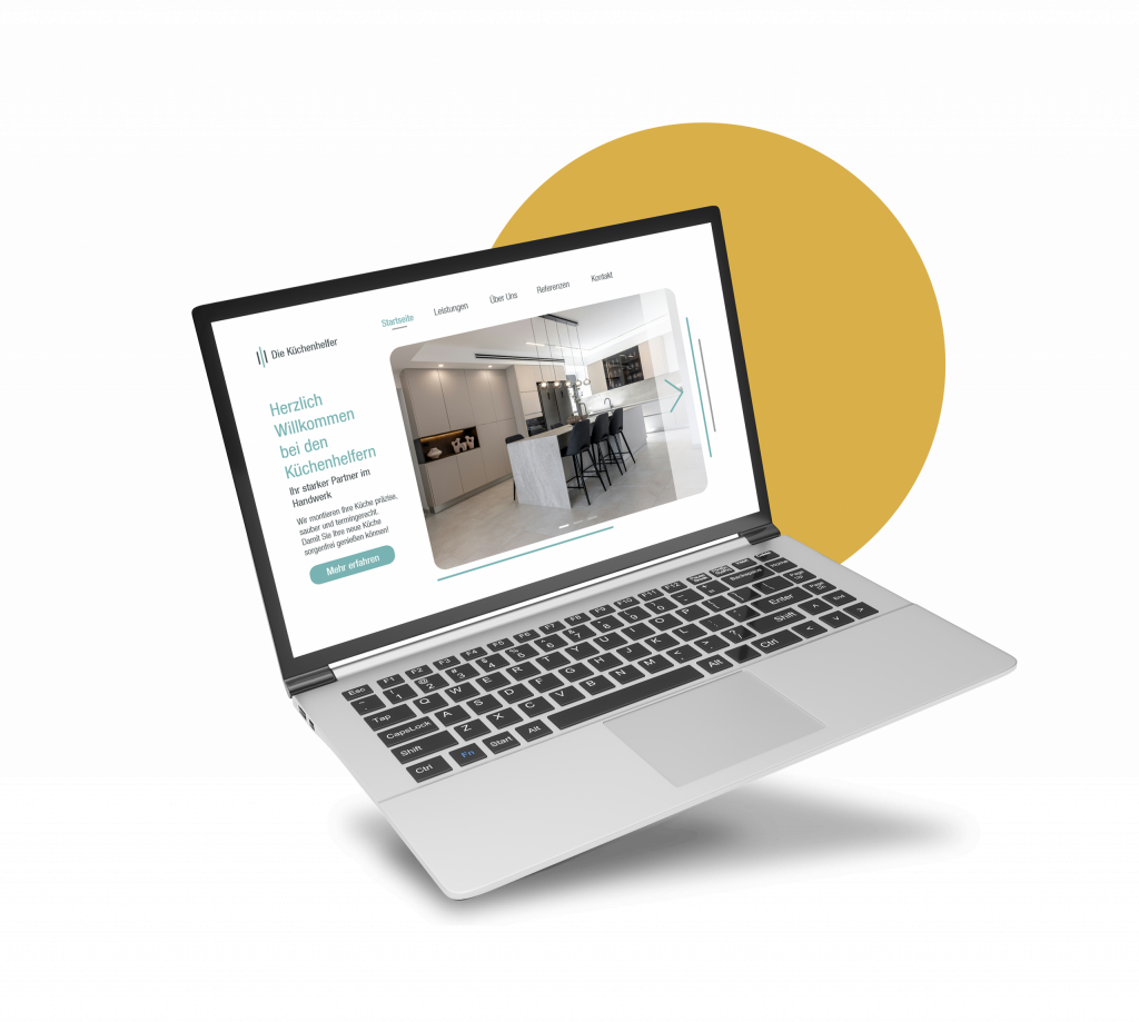 Mockup in einem schiefstehenden Laptop worauf eine helle Landingpage präsentiert wird | Kremer Signature Design