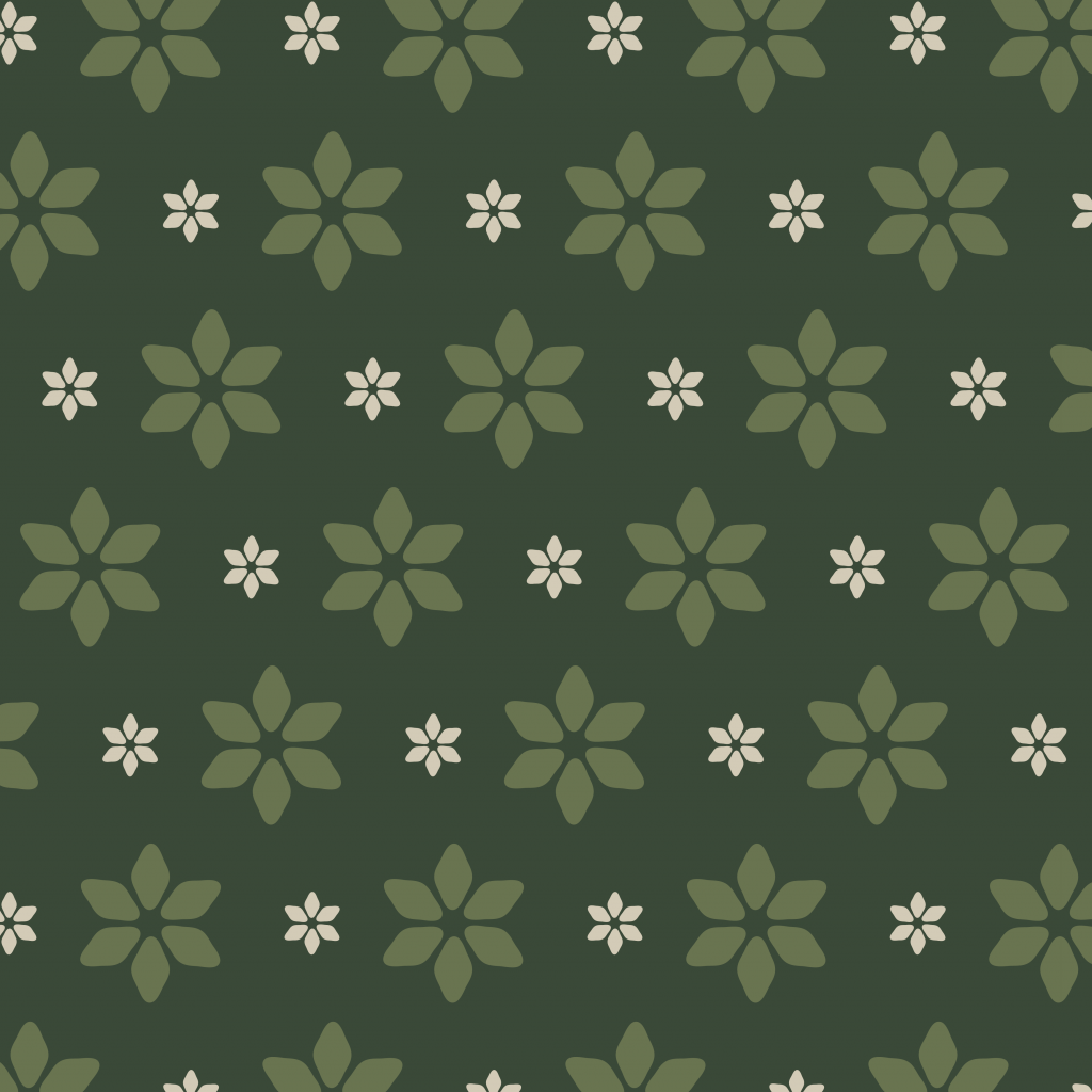 Musterdesign für Gartenliebe bestehend aus großen grünen Blumen und kleinen beigen Blumen auf grünem Hintergrund. | Kremer Signature Design