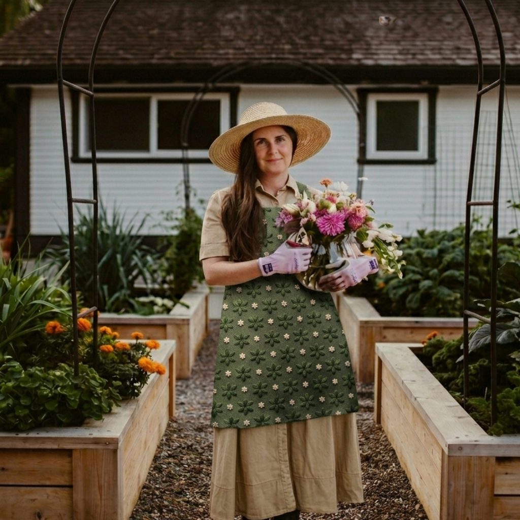 Eine Frau im Garten, trägt eine Gartenschürtze mit dem Gartenliebe-Musterdesign und hält Blumen in der Hand. Betreibt Gartenarbeit. | Kremer Signature Design