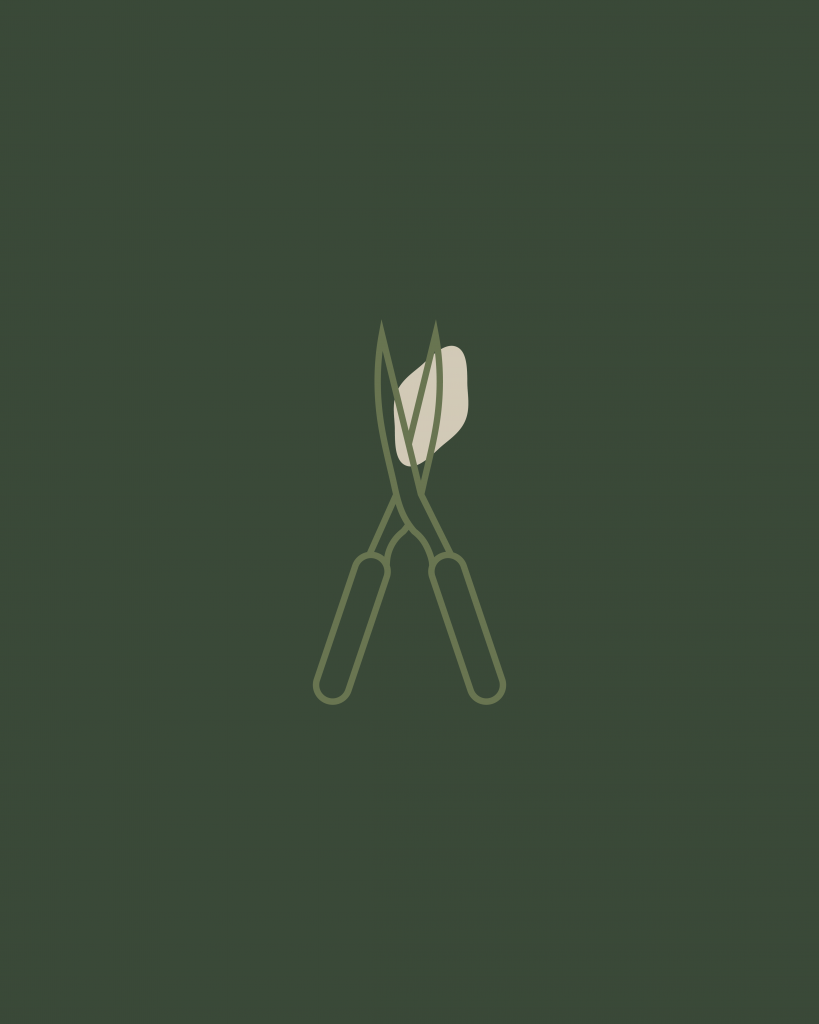 Icon einer Gartenschere mit grüner Kontur und einer beigen organischen Form auf dunkelgrünem Hintergrund | Kremer Signature Design