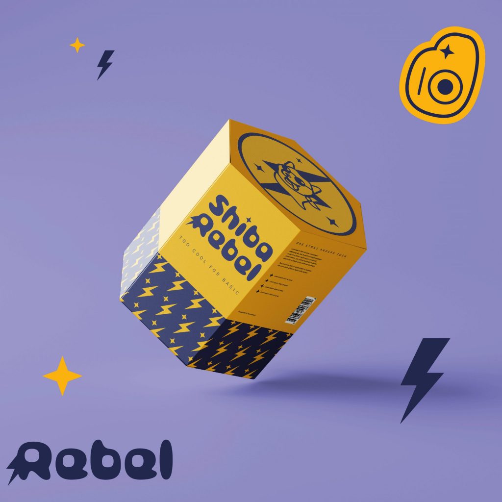 Packaging Design für Shiba Rebel: sechseckige Packung mit dem Banddesign von Shiba Rebel dazu die Icons | Kremer Signature Design