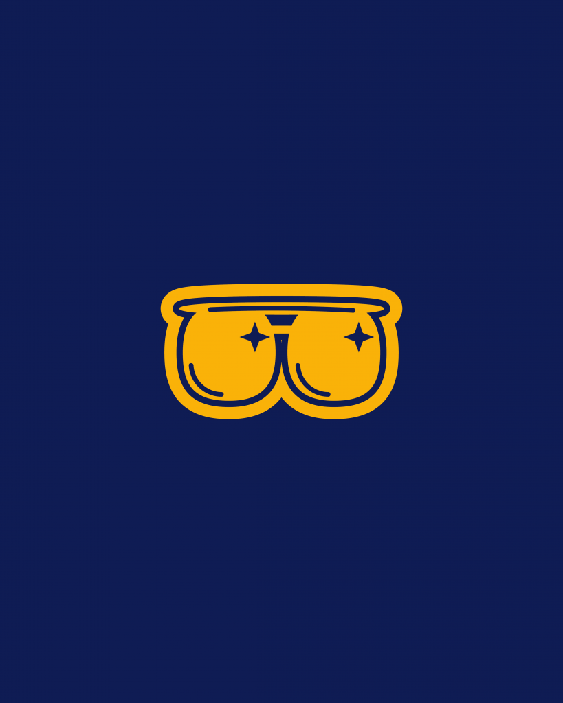 Icondesign Sonnenbrille. Anmutung eines gelben Stickers auf dunkelblauem Hintergrund | Kremer Signature Design