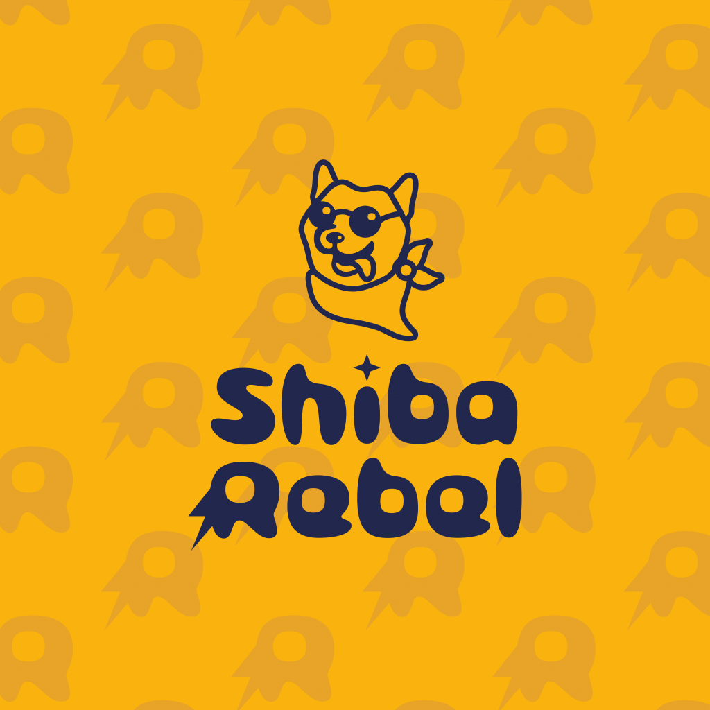 Logodesign für Shiba Rebel auf gelber Fläche mit dem eigenen Muster mit dem "R" aus dem Logo leicht transparent | Kremer Signature Design