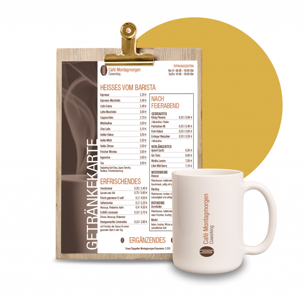 Branddesign Mockup für Café Montagmorgen: Tasse, Visitenkarte und Getränkekarte im Hintergrund ein gelber Kreis als Gestaltungselement | Kremer Signature Design