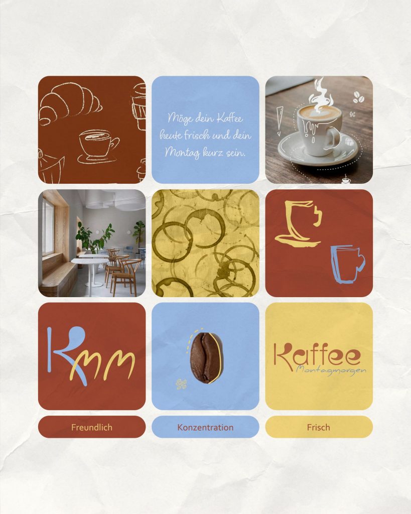 Branddesign Moodboard für ein Café das frisch und freundlich wirken soll durch Farben wie Gelb oder Hellblau | Kremer Signature Design