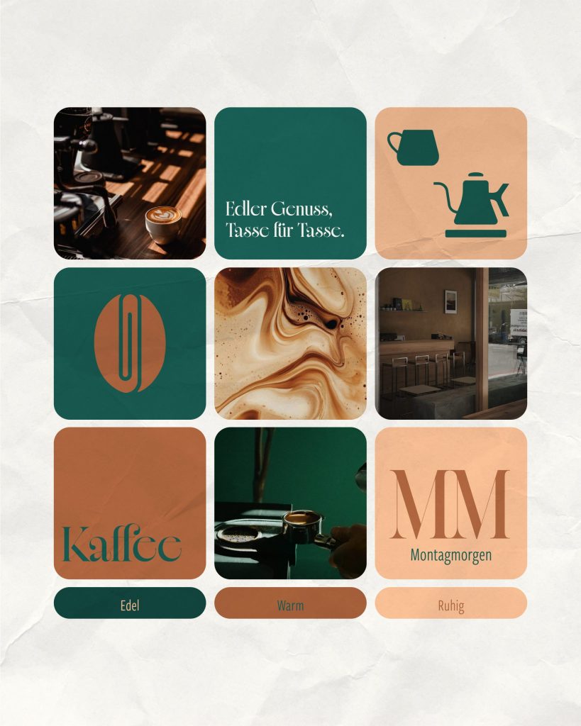 Branddesign Moodboard für ein Café das elegant und warm wirken soll durch Farben wie Dunkelgrün oder Beige | Kremer Signature Design