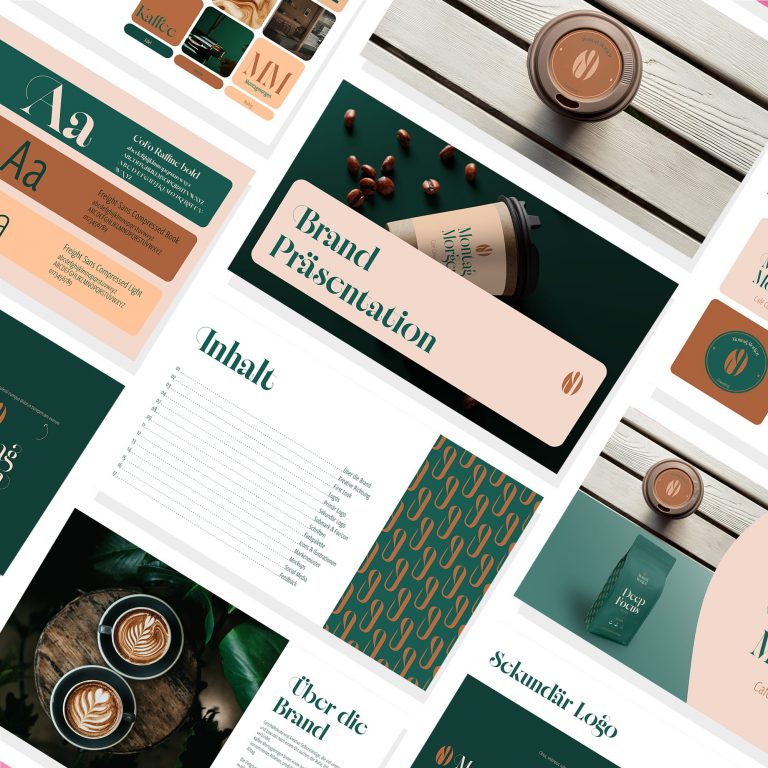 Mockup einer Präsentation worin einzelne Folien gezeigt werden einer Brand-Präsentation