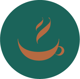 Icon in blaugrüner Kreisdarstellung und mittig eine abstrakte Darstellung einer Kaffeetasse mit Dampf in braun | Kremer Signature Design