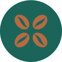 Icon in blaugrüner Kreisdarstellung und mittig eine abstrakte Darstellung von vier Kaffeebohnen die sich mittig wiederholen, wie eine Blume in braun | Kremer Signature Design