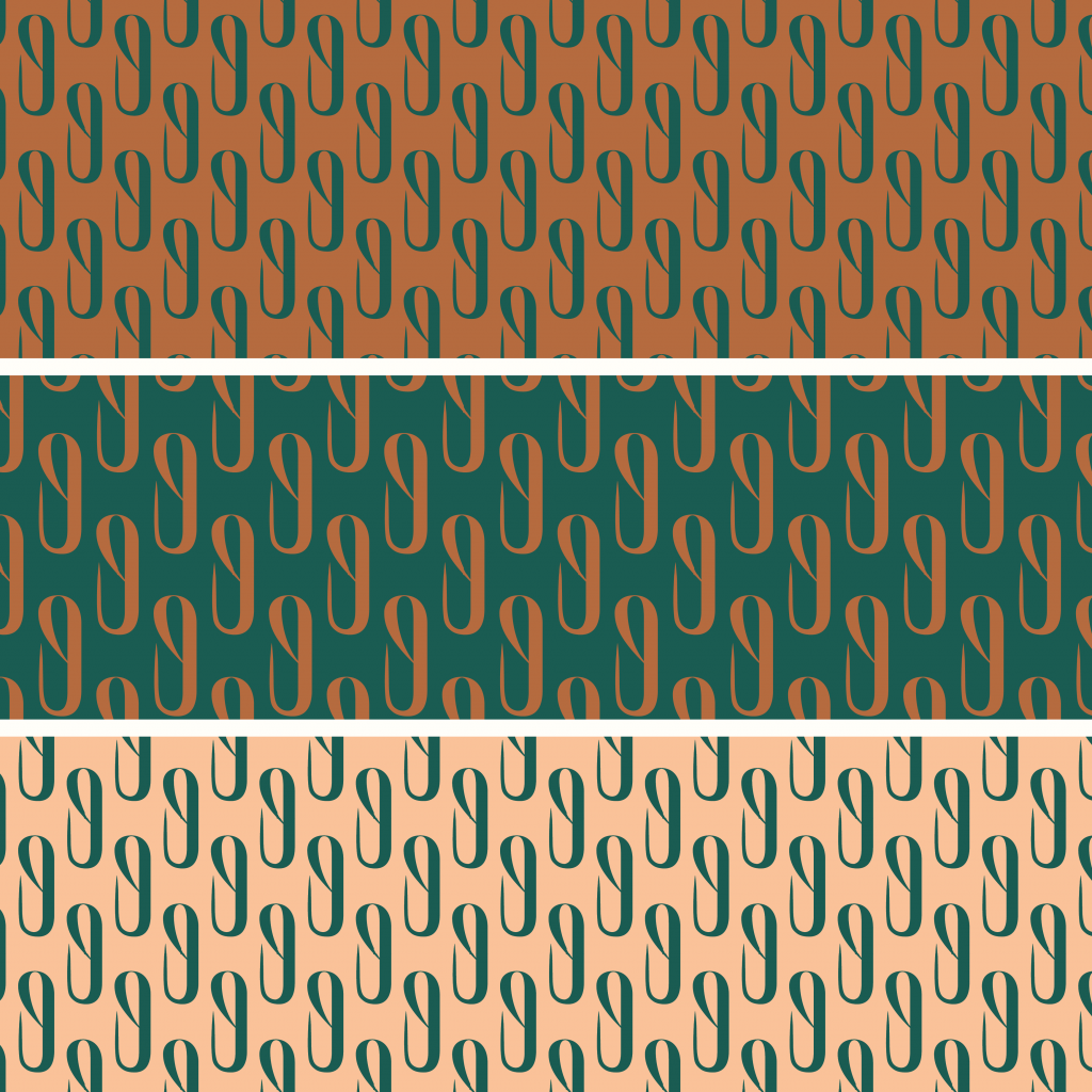 Musterdesign für Montagmorgen Café: Abstrakte Büroklammer aus der Bildmarke des Logos, welches sich immer wiederholt und so ein Muster ergibt. In drei verschiedenen Farbdarstellung des Brandings | Kremer Signature Design