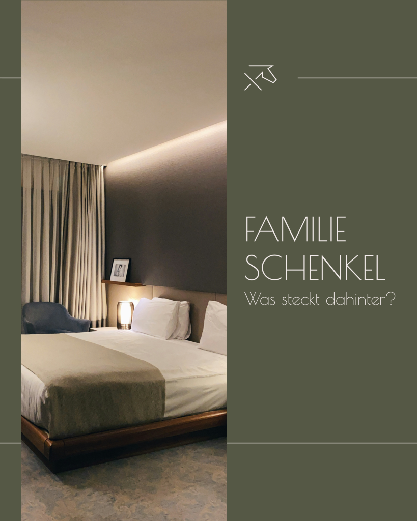 1876 Restaurant und Sittardsberg Hotel Beitrags Vorlage für die Geschichte des Unternehmens. Darauf zu sehen ist ein Ausschnitt eines Hotelzimmers auf grüner Fläche mit dem Text "Familie Schenkel. Was steckt dahinter?".| Kremer Signature Design