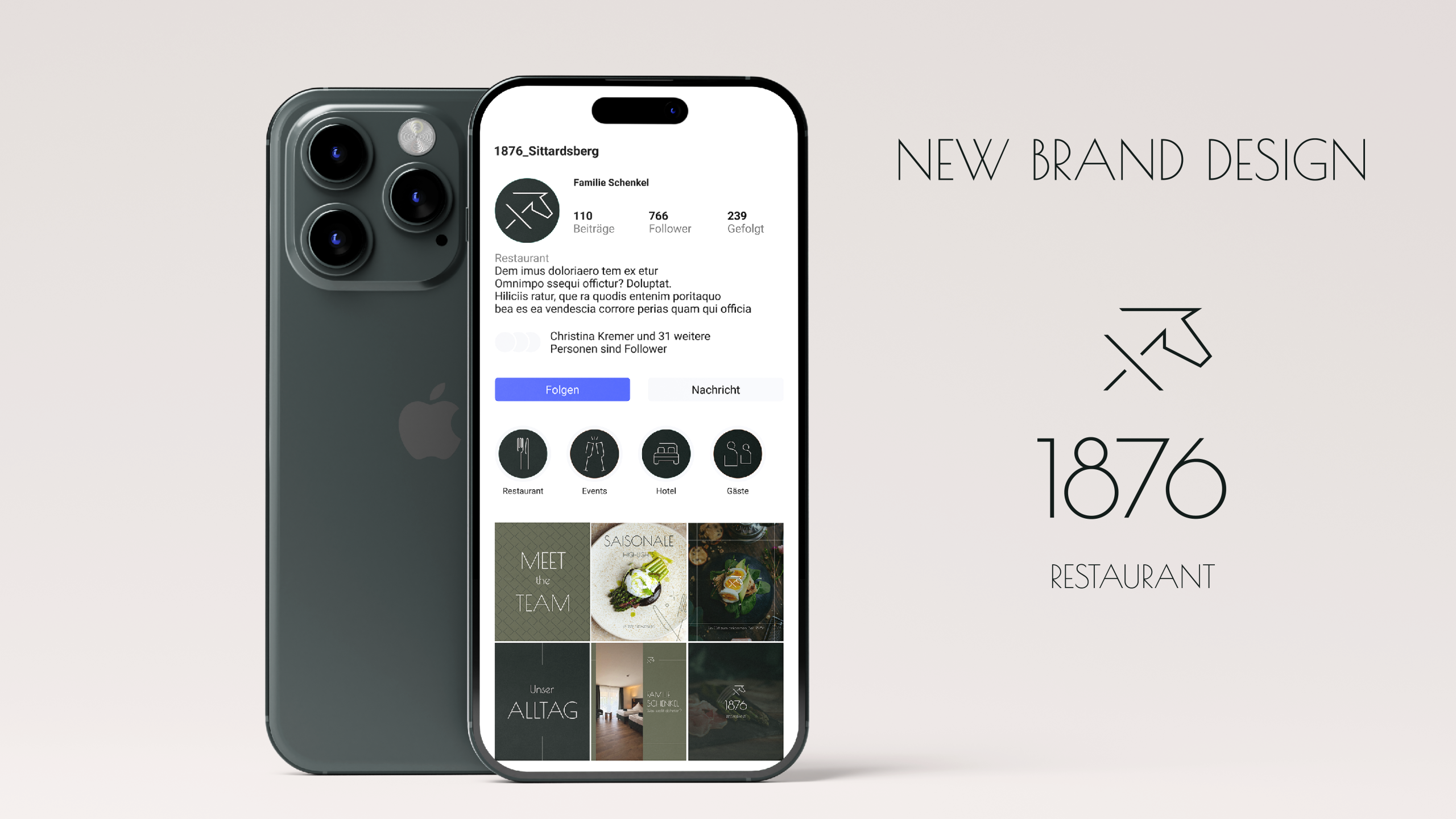 1876 Restaurant und Sittardsberg Hotel Social Media Darstellung des Instagram-Profils für ein Brand Design. | Kremer Signatrue Design